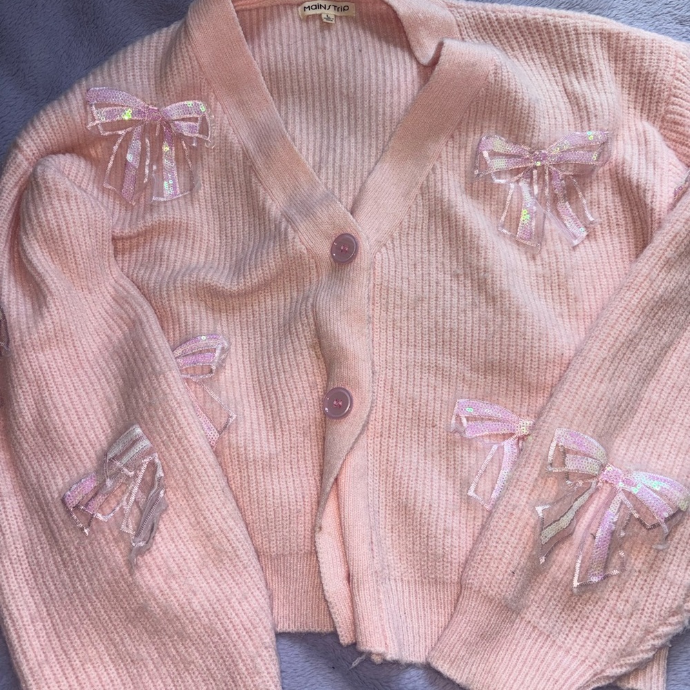 Main Strip Pastel Pink Bow-Embellished Knit Cardigan
